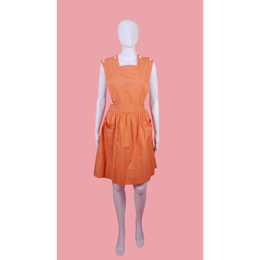 1940s-1950s Angelica Cotton Coral Pink Pinafore Uniform with Front Pockets. XS